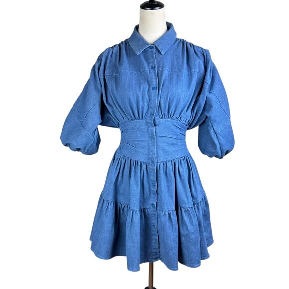 Petal + Pup Francis Denim Gathered Balloon Sleeve Tiered Flare Mini Dress - Picture 5 of 16
